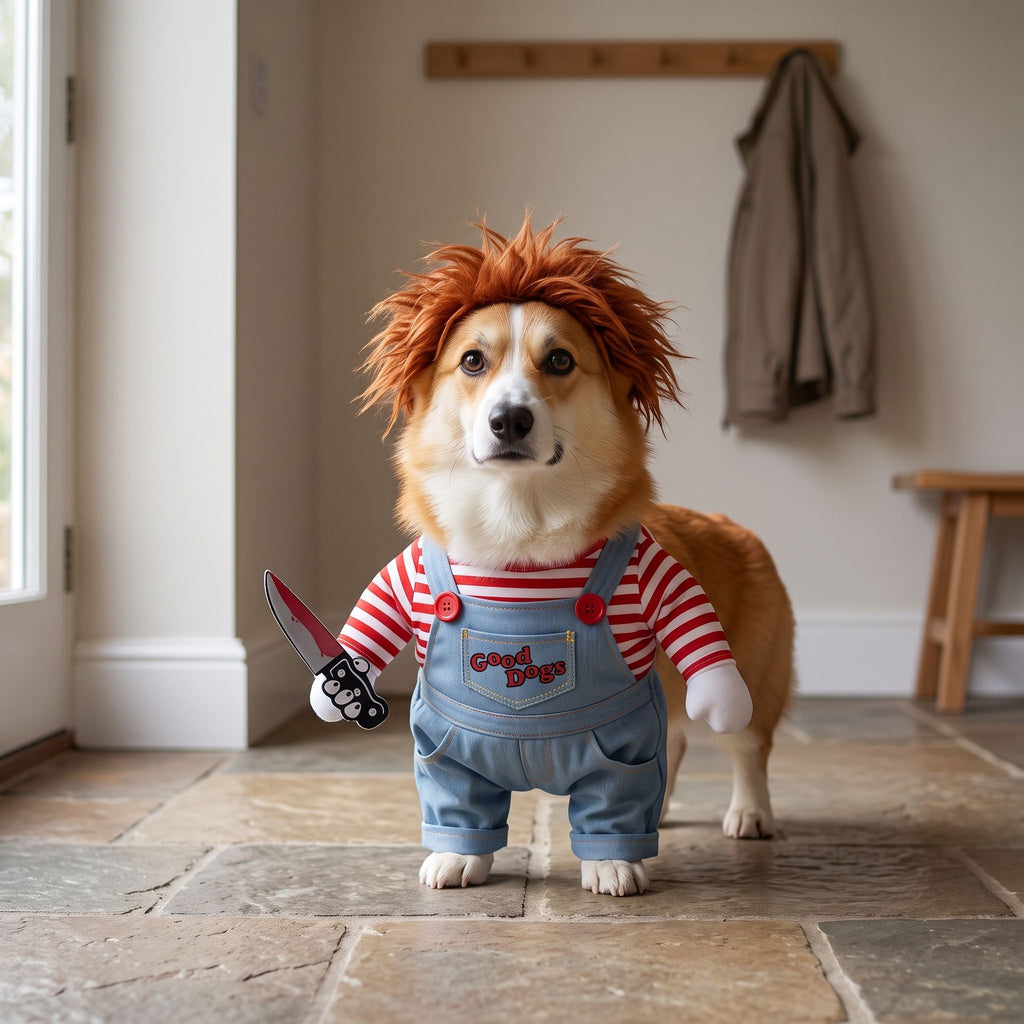 A dog wearing a comfortable blue denim and striped shirt pet costume set standing in a bright entryway.