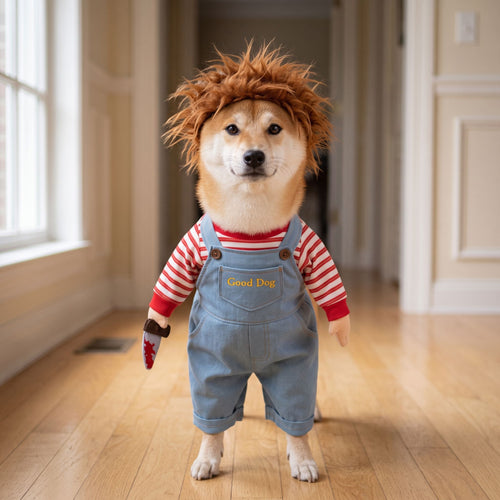 A medium-sized dog wearing a blue denim-look overall costume over a red and white striped shirt in a hallway.