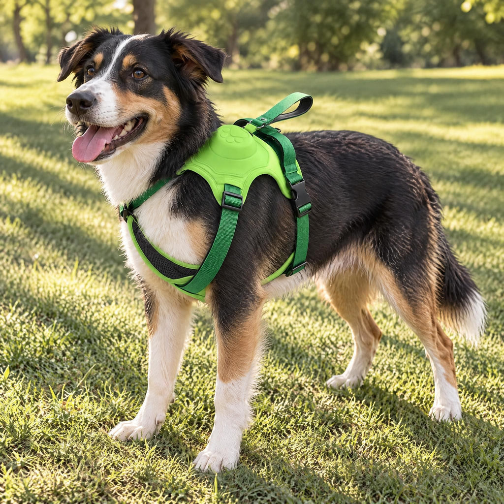 Side view of a dog wearing an adjustable harness with a top handle standing on a mowed grass lawn.