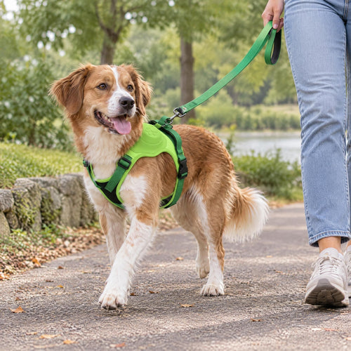 Dog walking on a paved trail wearing a no-pull harness while attached to a matching leash held by a handler.