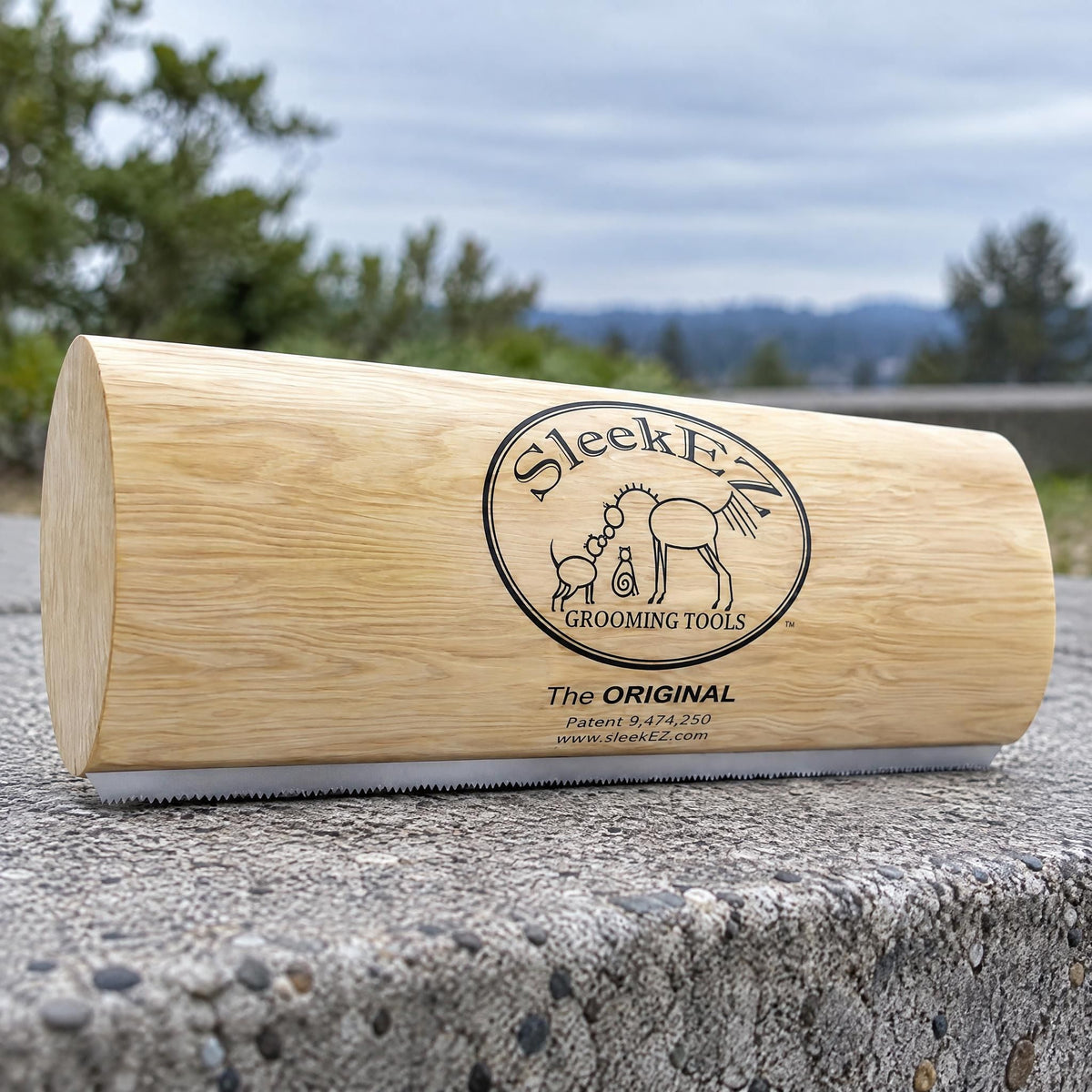 Deshedding grooming brush with wood-finished handle resting on an outdoor concrete ledge.