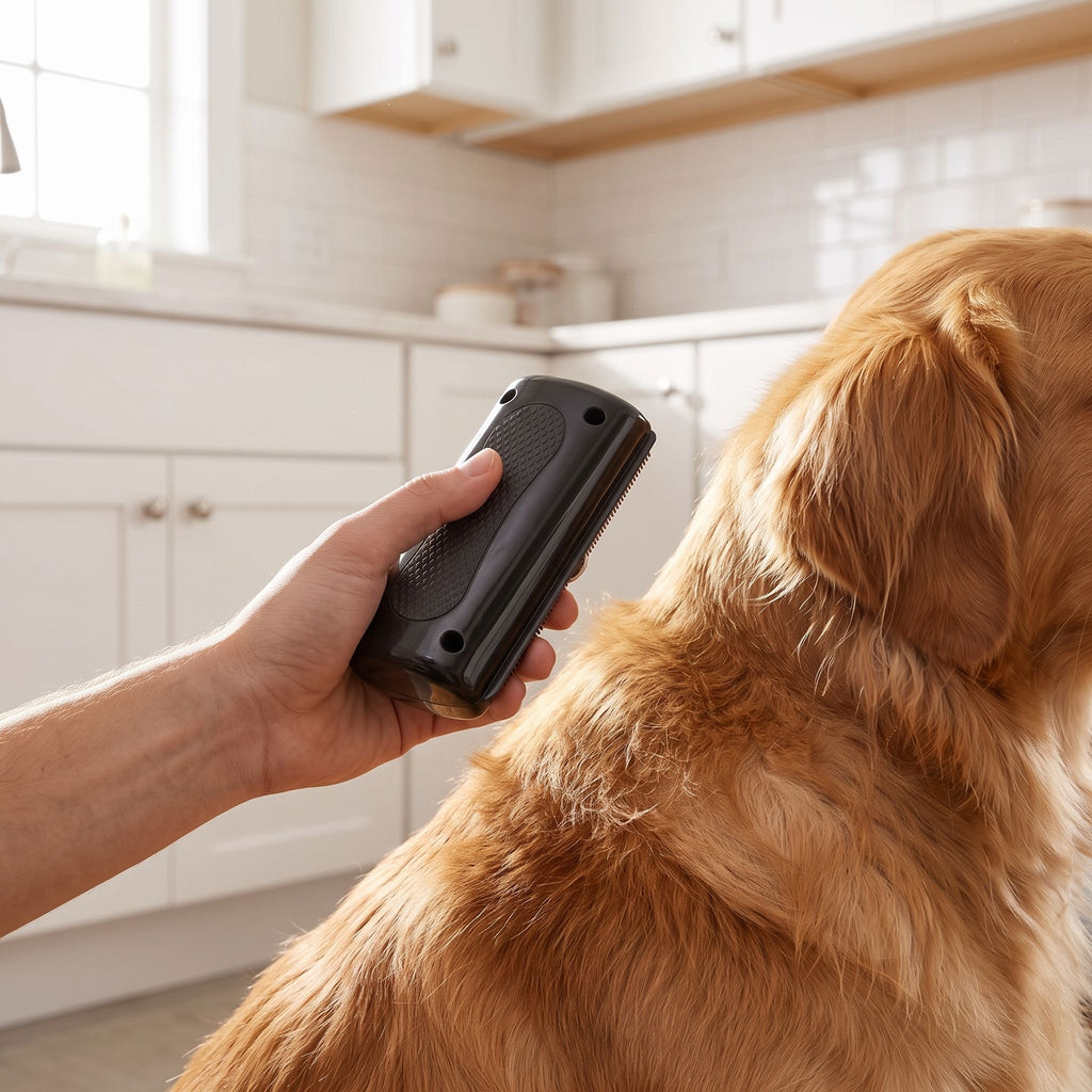 Person holding an ergonomic black pet grooming comb in a bright laundry room setting.