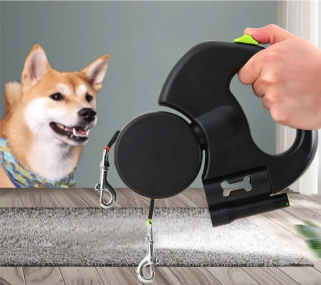 Dog beside a black retractable double dog leash held in a hand