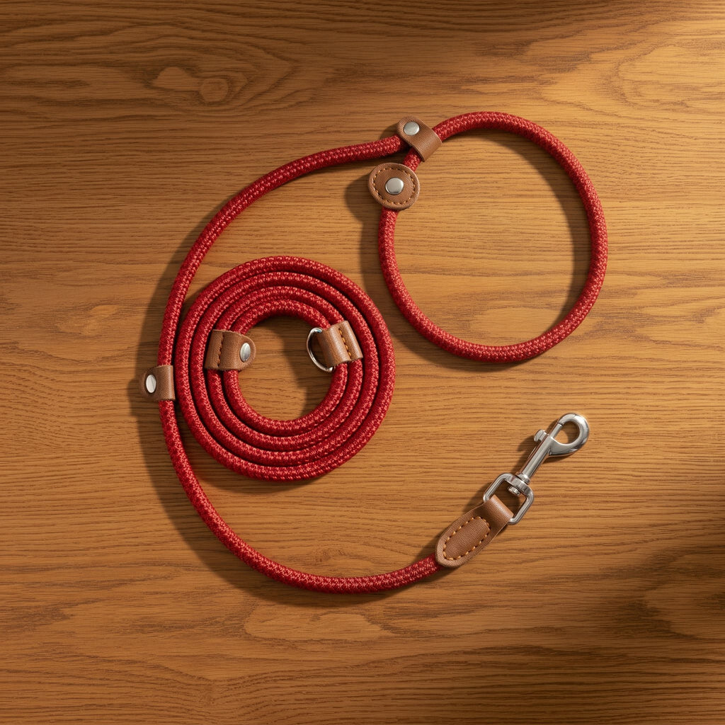 Flat lay of an adjustable nylon collar and leash set arranged neatly on a polished oak wood surface.
