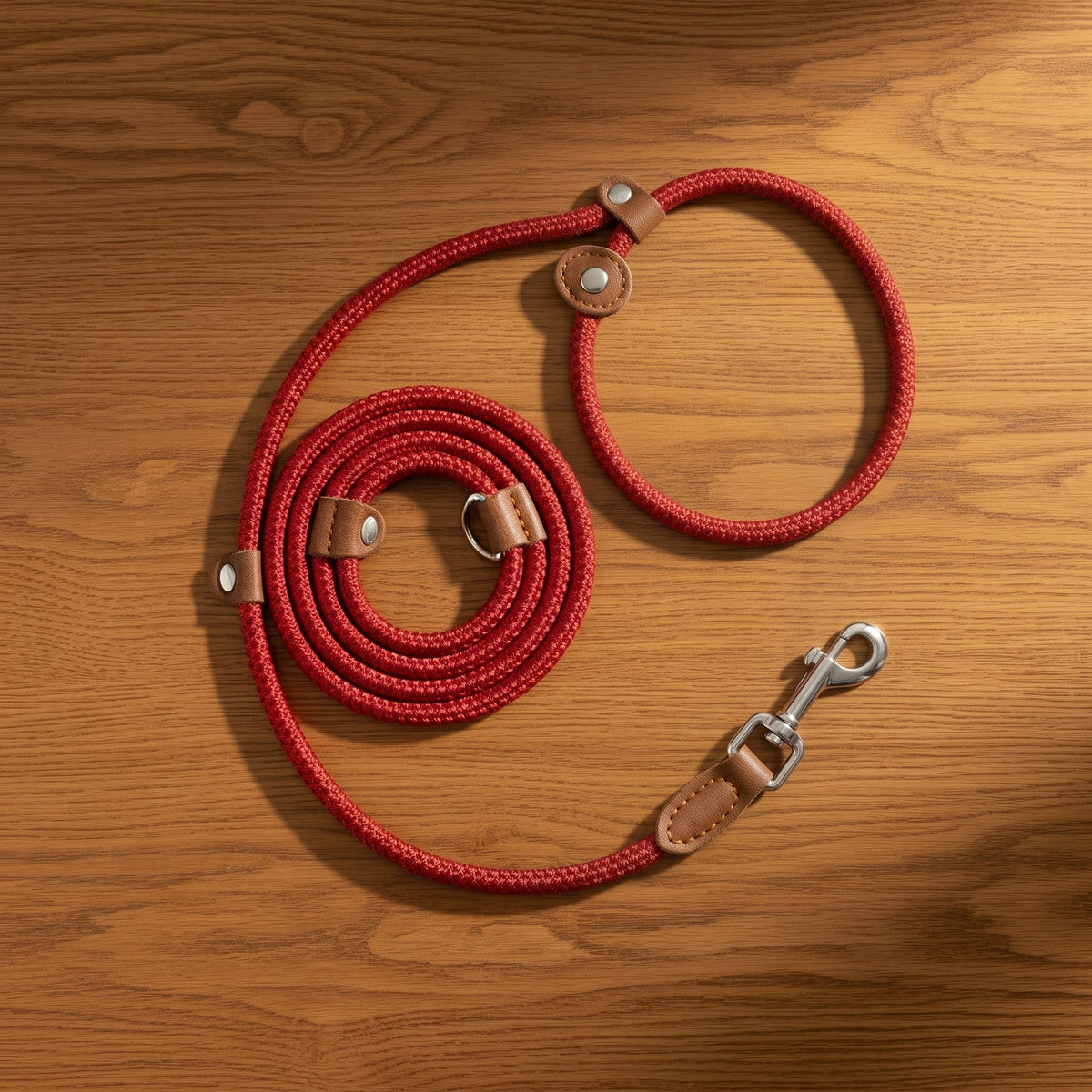 Flat lay of an adjustable nylon collar and leash set arranged neatly on a polished oak wood surface.