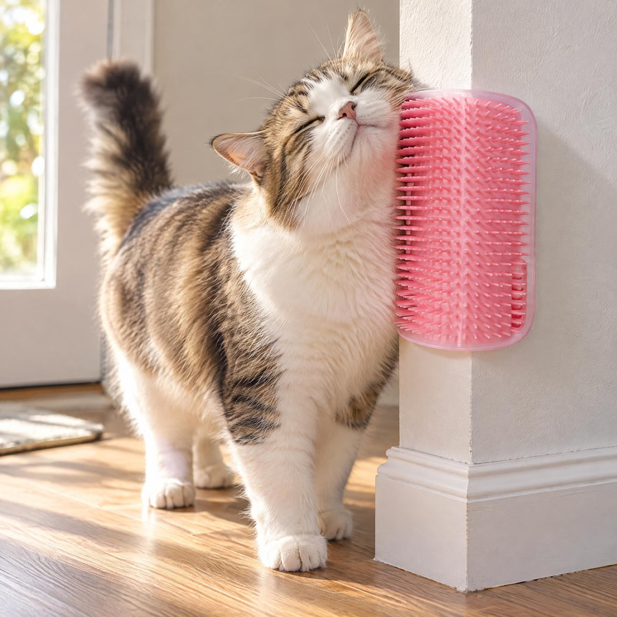 Silicone cat grooming brush mounted at floor level in a room corner.