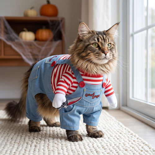 A fluffy cat wearing a pet costume set with blue overalls and a red and white striped top standing on a wool rug.