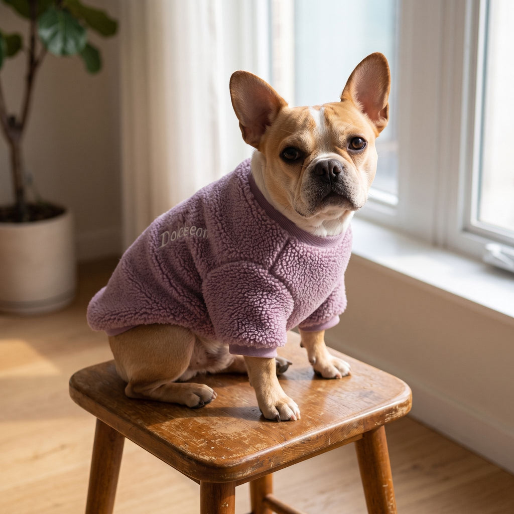 Fluffy dog in a tricolor knit sweater sitting on a wooden stool in a sunlit room with contrasting lighting.