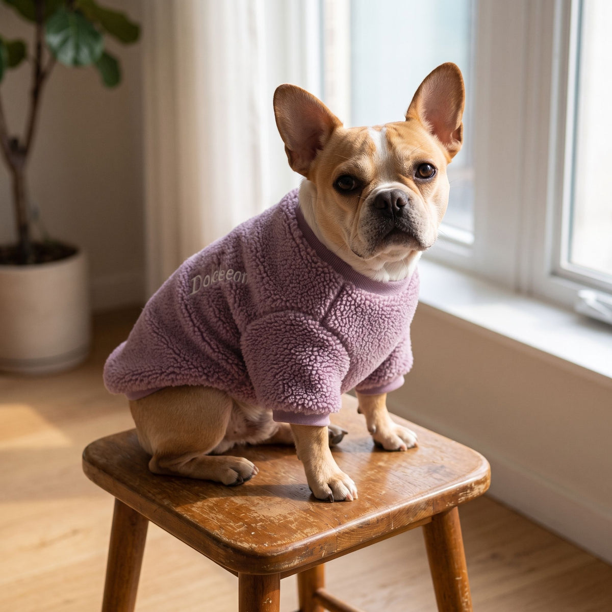 Fluffy dog in a tricolor knit sweater sitting on a wooden stool in a sunlit room with contrasting lighting.