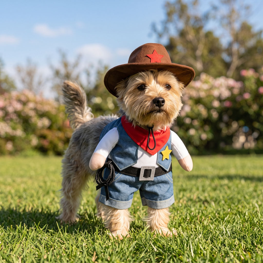 Small dog wearing denim costume outdoors on a sunny day, showcasing stylish design against a green lawn and blue sky.