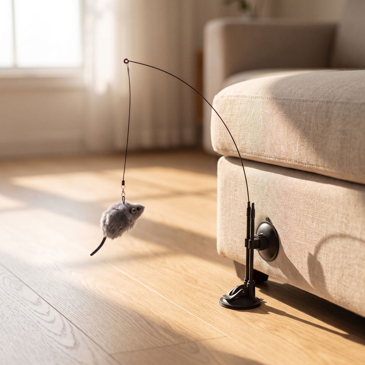 Full-body scene of the small Cat Sucker Teaser Toy attached to a wooden floor corner near a beige sofa in natural sunlight.