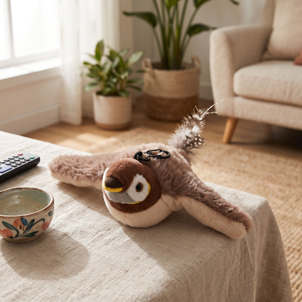 Full view of petite flapping bird cat toy on textured fabric in warm living room corner with indoor plants.