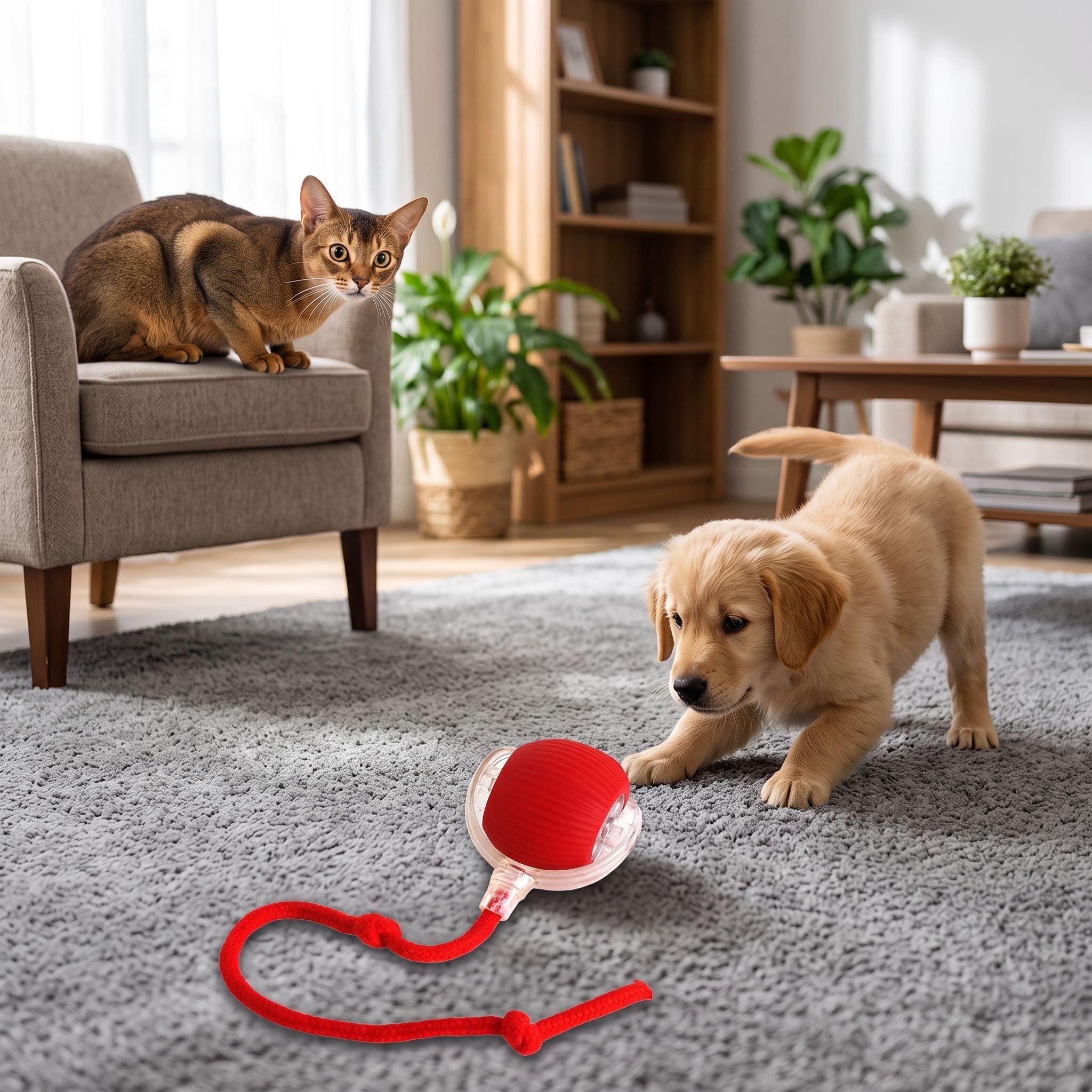 Full-body scene of the Smart Rolling Pet Ball on a plush carpet with a curious cat or dog nearby in a cozy living room.