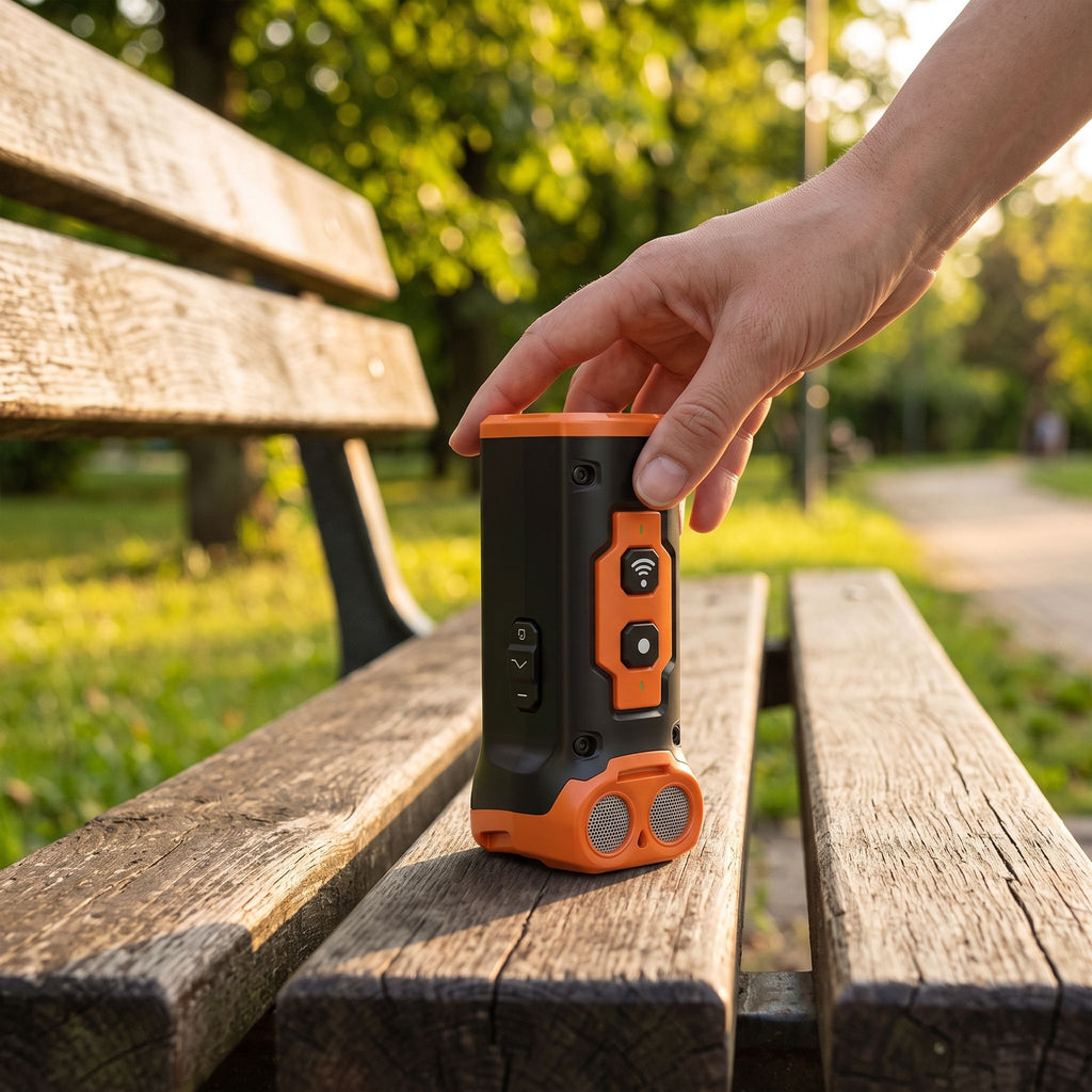 Full-body scene of ultrasonic dog repeller standing upright on park bench during late afternoon, showing its compact size and sleek surface.