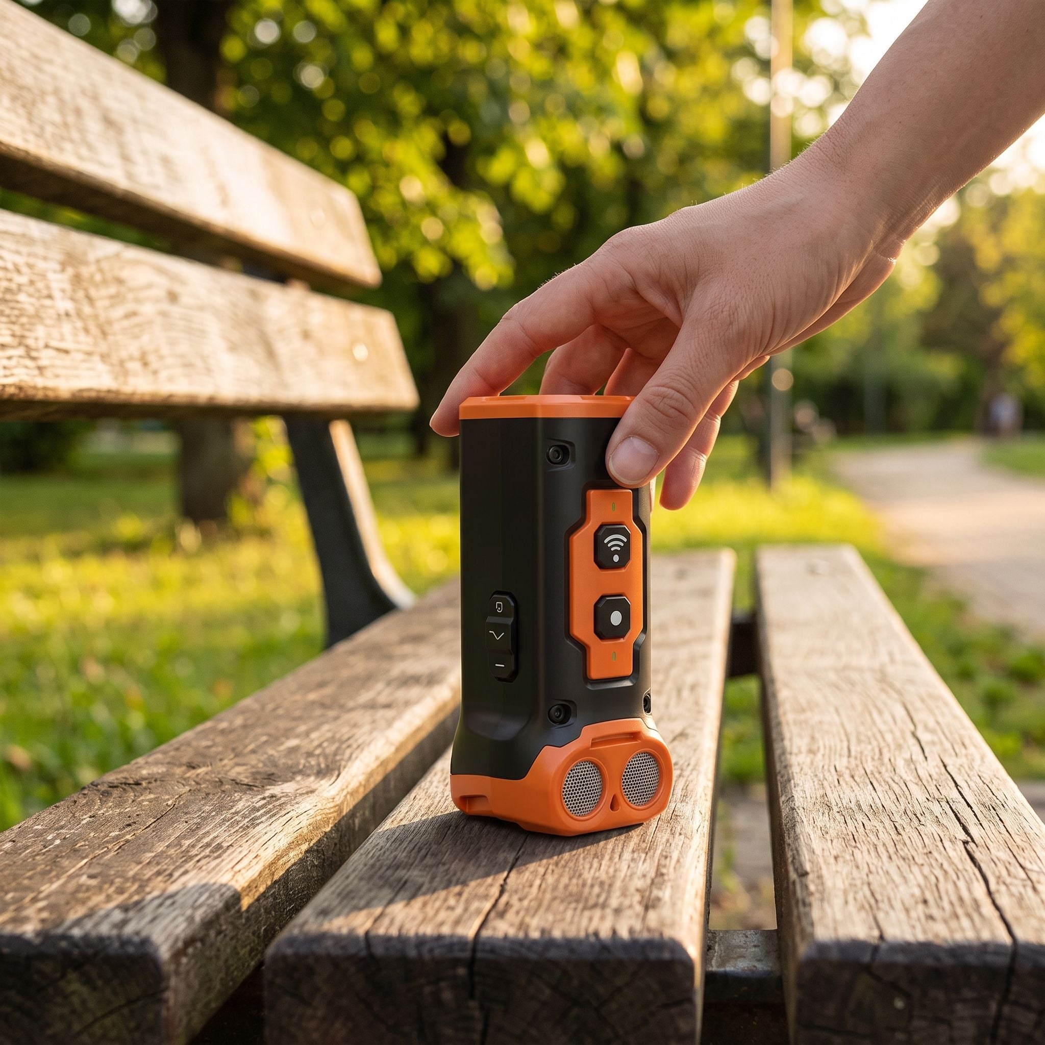 Full-body scene of ultrasonic dog repeller standing upright on park bench during late afternoon, showing its compact size and sleek surface.