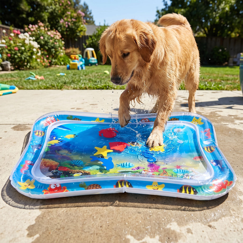 Full shot of colorful pet water mat on a concrete patio with a happy dog splashing in a backyard garden.