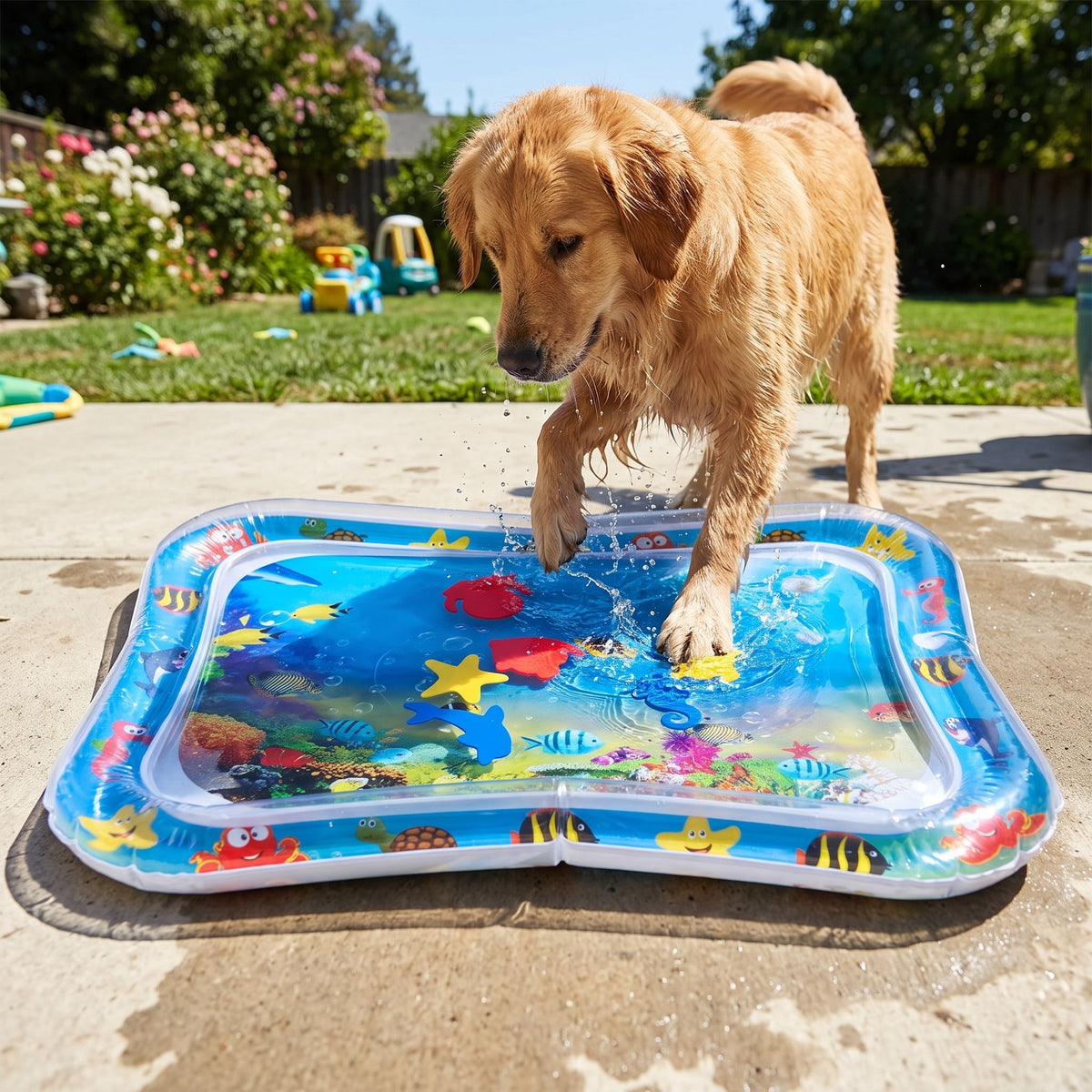 Full shot of colorful pet water mat on a concrete patio with a happy dog splashing in a backyard garden.