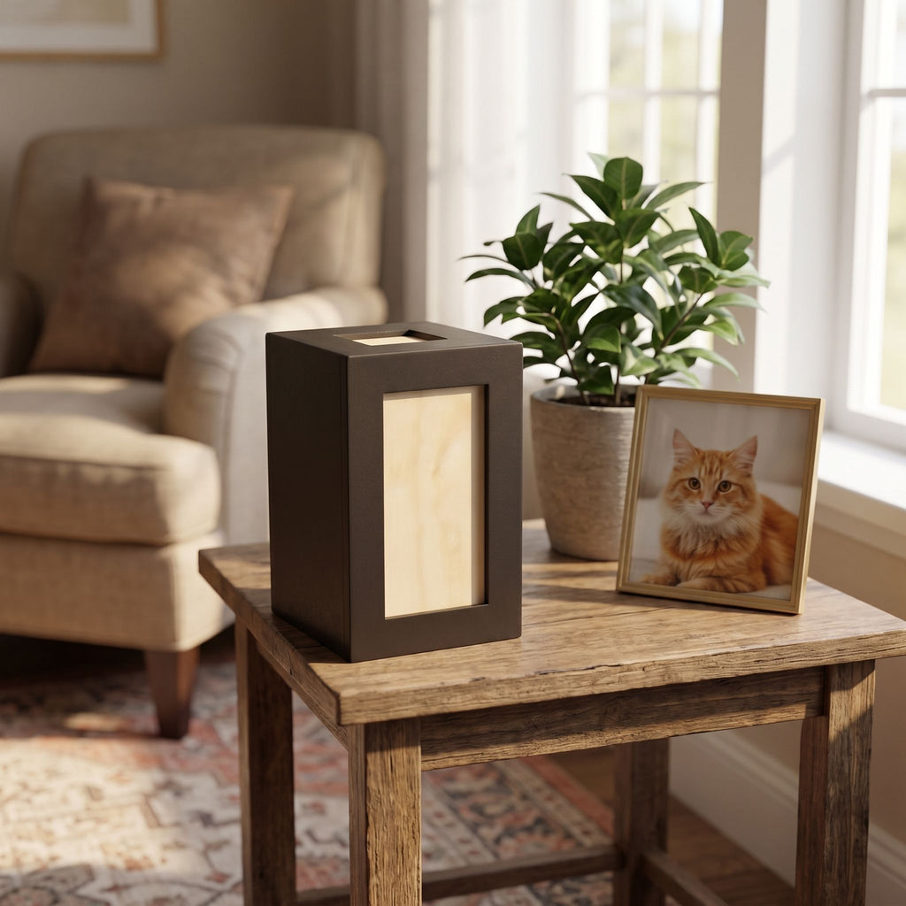 Full view of pet memorial urn in a cozy home, placed on a side table beside a framed photo and plant, soft natural lighting.