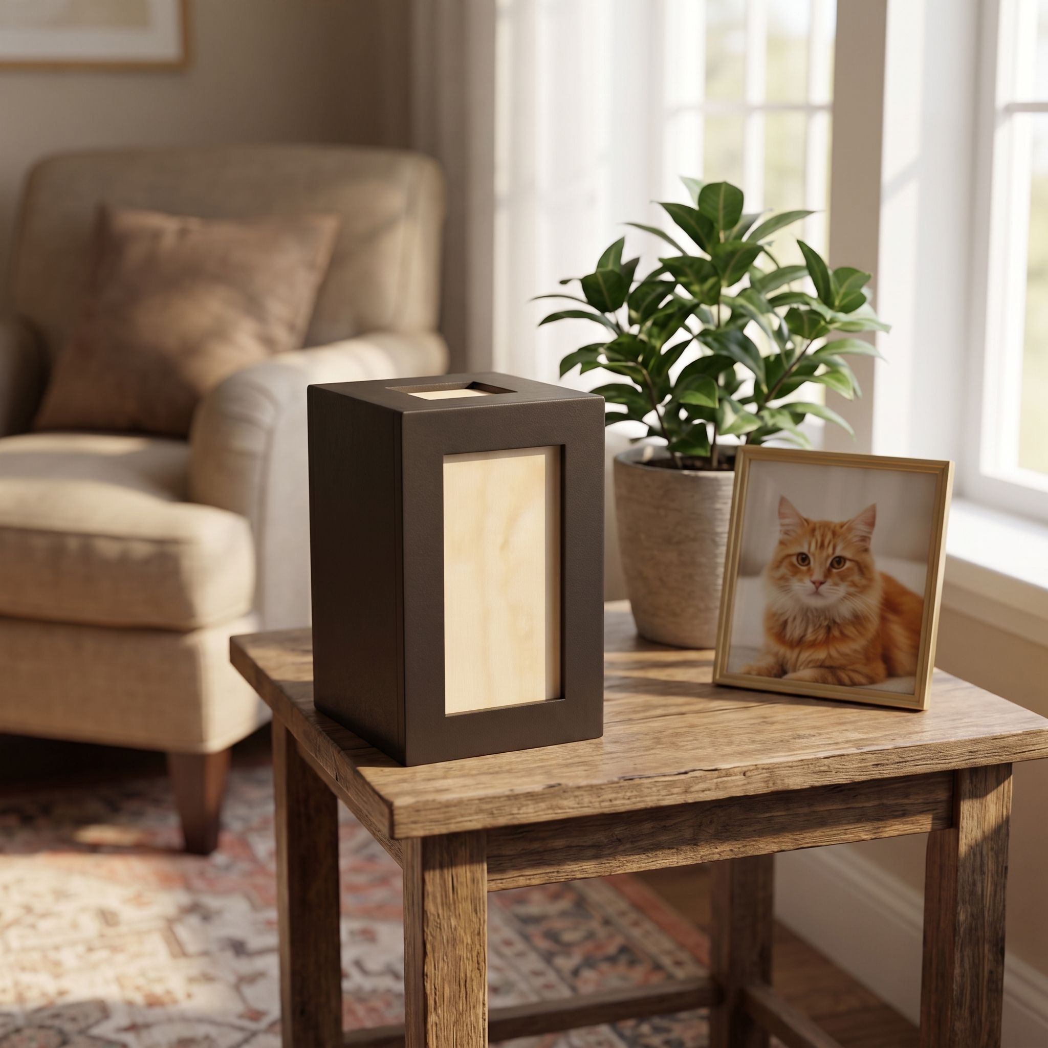 Full view of pet memorial urn in a cozy home, placed on a side table beside a framed photo and plant, soft natural lighting.