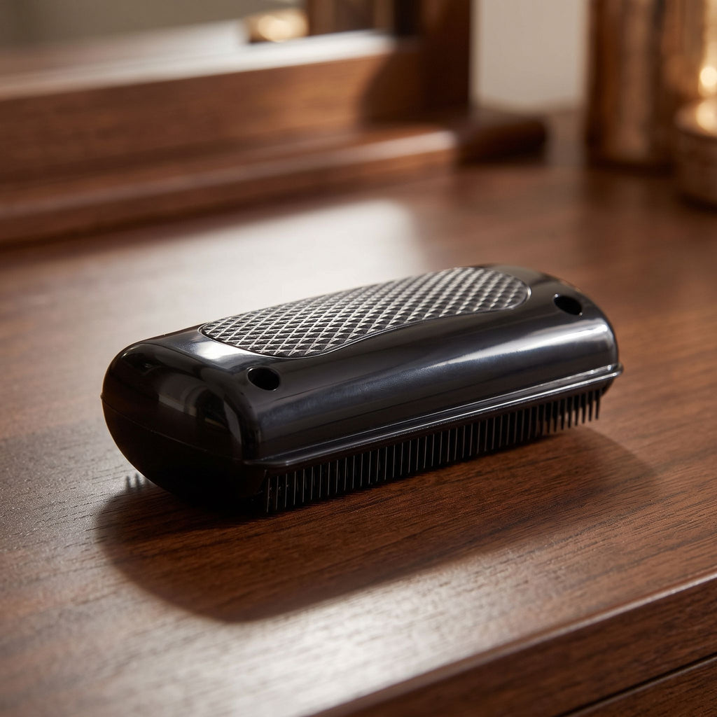 A black pet grooming comb with a glossy finish displayed on a dark polished wooden surface.