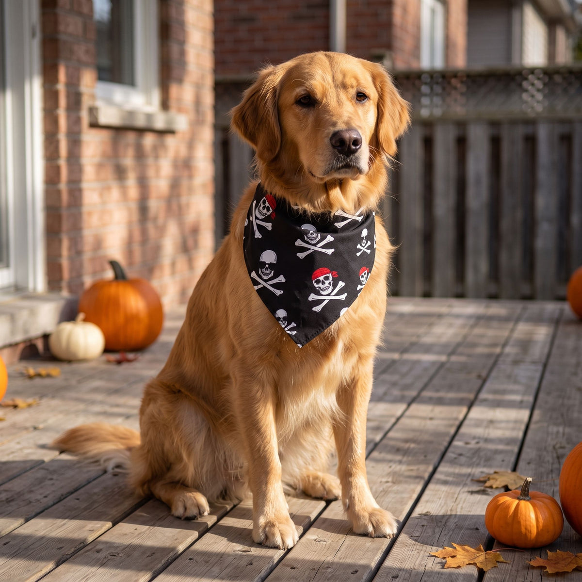 Medium-sized dog with golden fur wearing Halloween Skull Dog Scarf sitting outdoors on a weathered wooden porch.