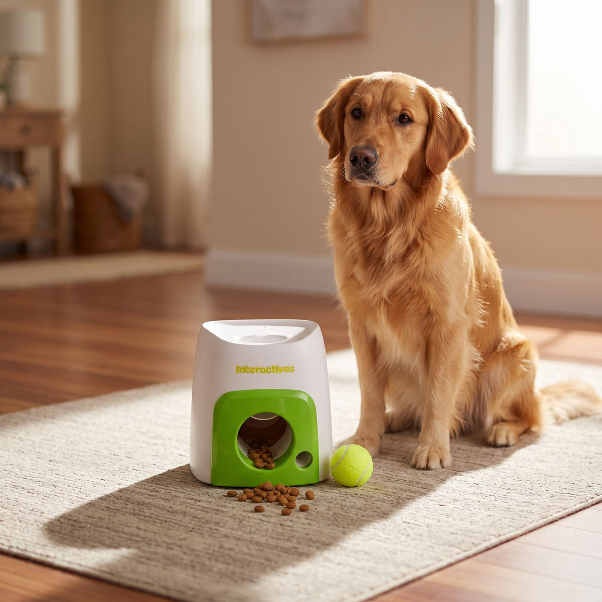 Golden Retriever sitting next to an interactive baseball treat dispenser on a neutral-toned area rug.