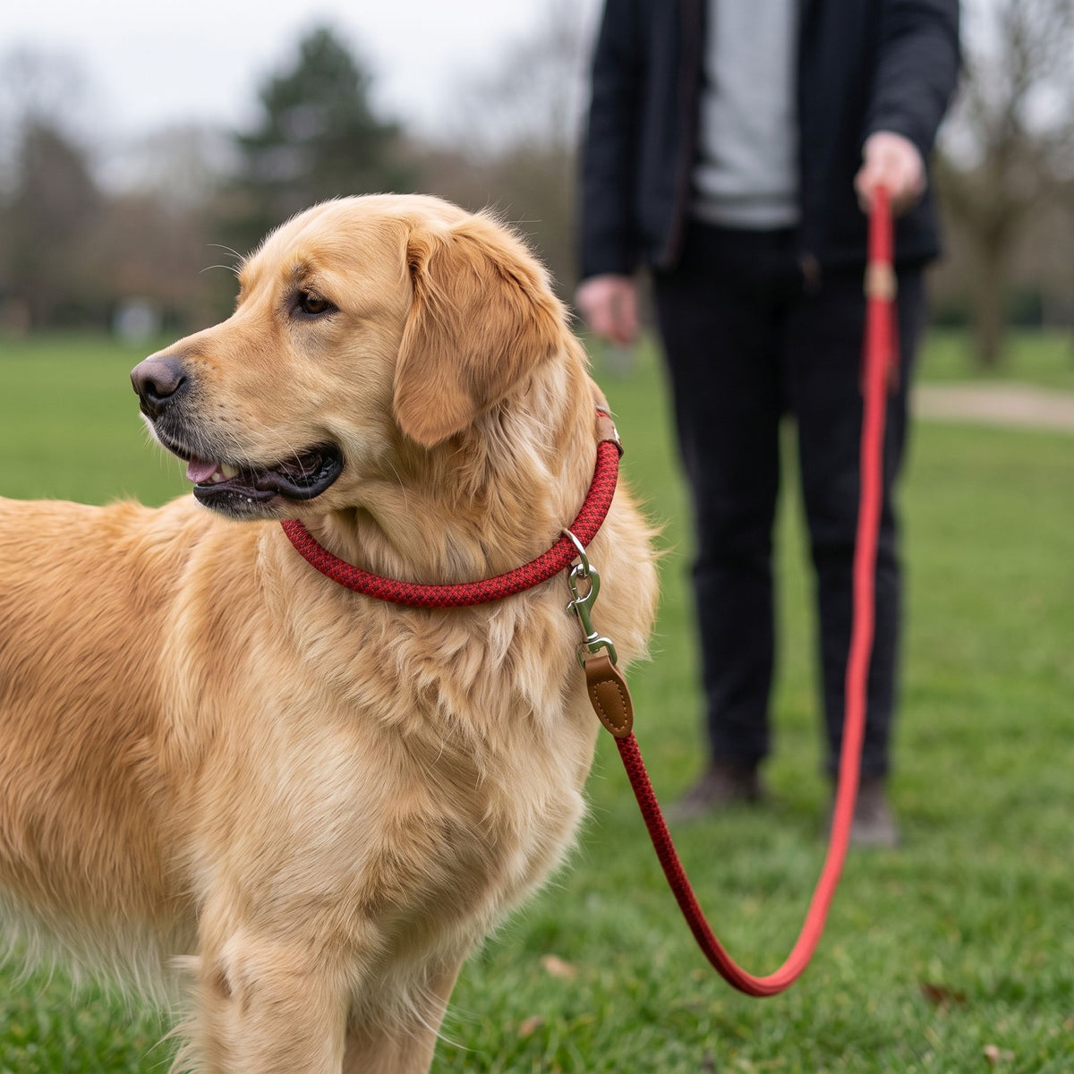 Golden Retriever wearing an adjustable nylon collar and leash set while standing in a grassy park.