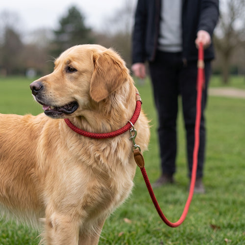 Golden Retriever wearing an adjustable nylon collar and leash set while standing in a grassy park.