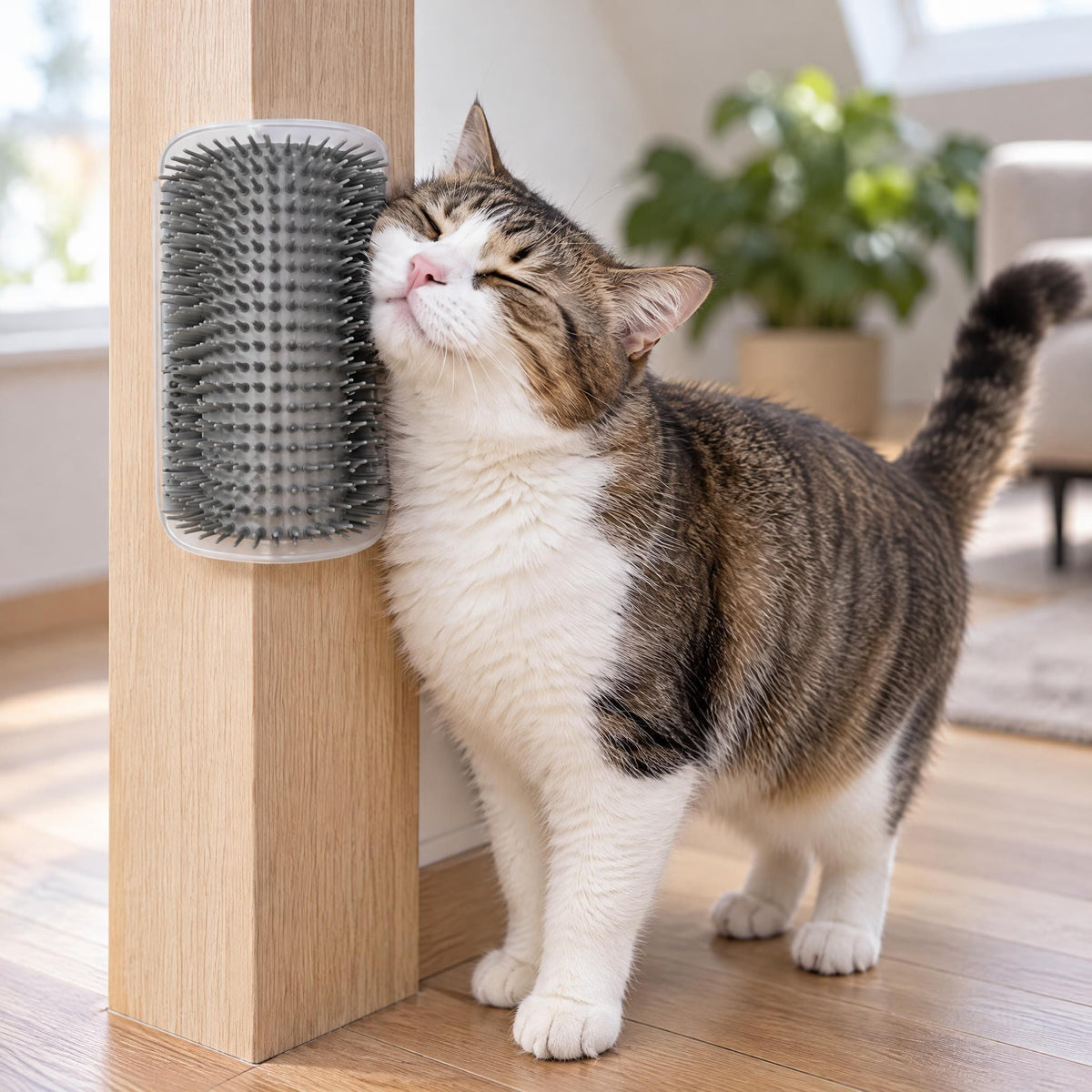 A gray cat self-grooming corner brush mounted on a light oak wood pillar in a modern home.