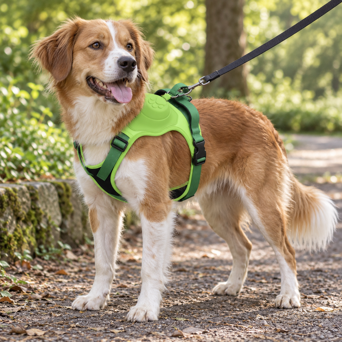 Dog wearing the green adjustable outdoor training harness on a park walk