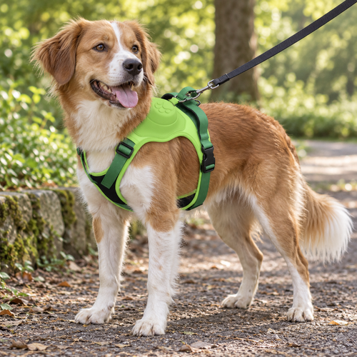 Dog wearing the green adjustable outdoor training harness on a park walk