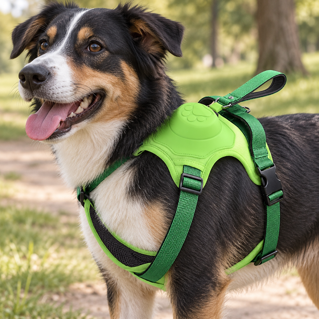 Close-up of the green adjustable dog harness with breathable mesh and top handle