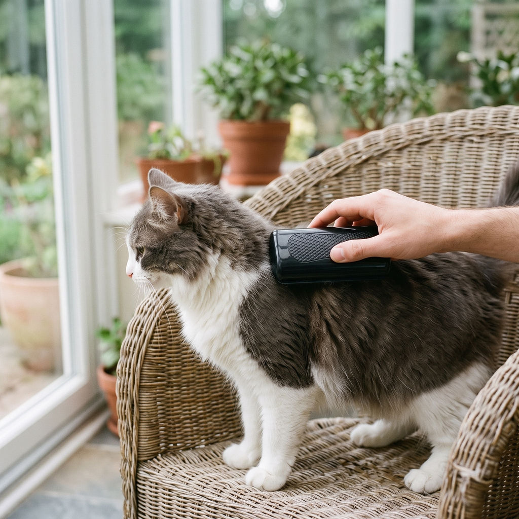 Handheld pet grooming comb being used to brush a medium-haired cat in a sunlit room.