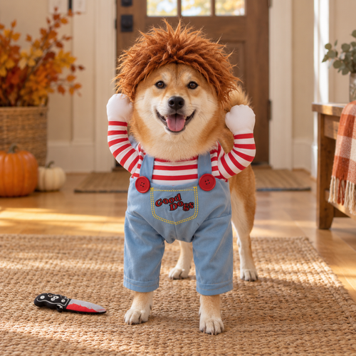 Dog wearing the three-piece Halloween costume set with striped shirt, blue overalls and wig