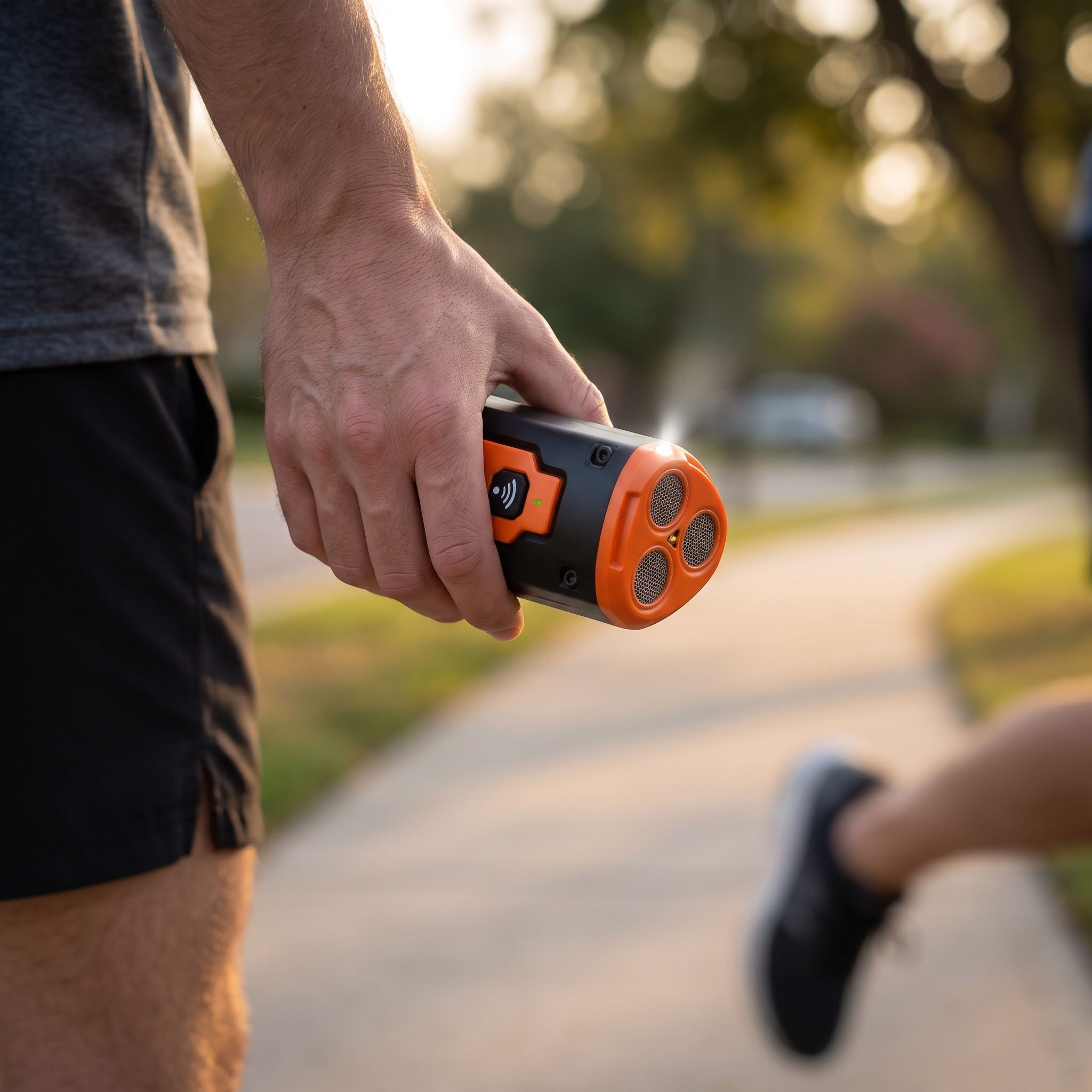 Person holding ultrasonic dog repeller while jogging on suburban sidewalk at dawn, emphasizing its lightweight and portability.