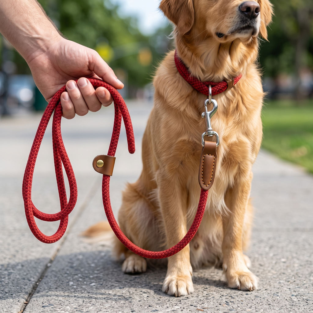 Human hand holding an adjustable nylon dog leash while standing on a concrete sidewalk with their pet.