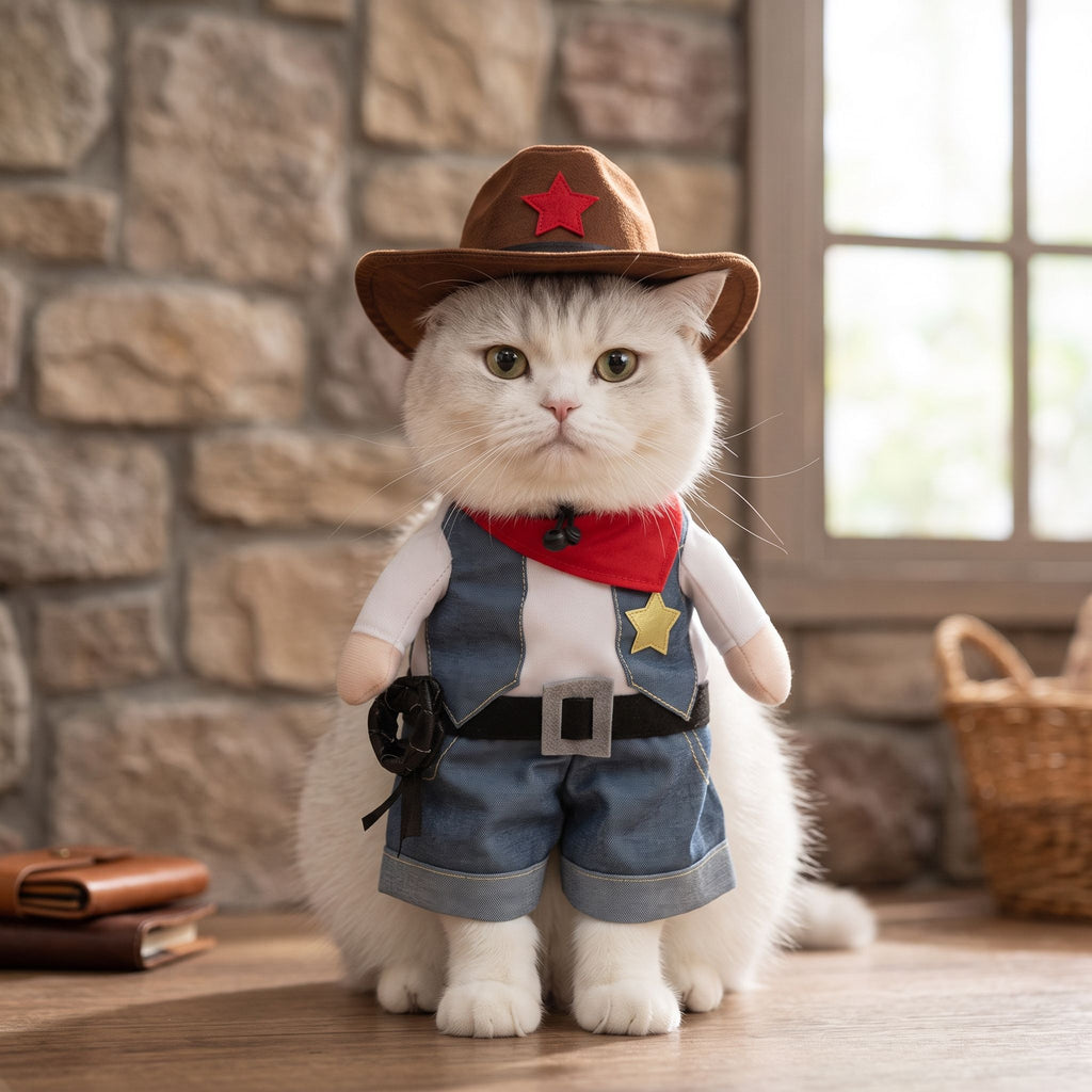 Medium dog posing in front of textured stone wall in denim costume, highlighting fit and stitching with soft indoor lighting.