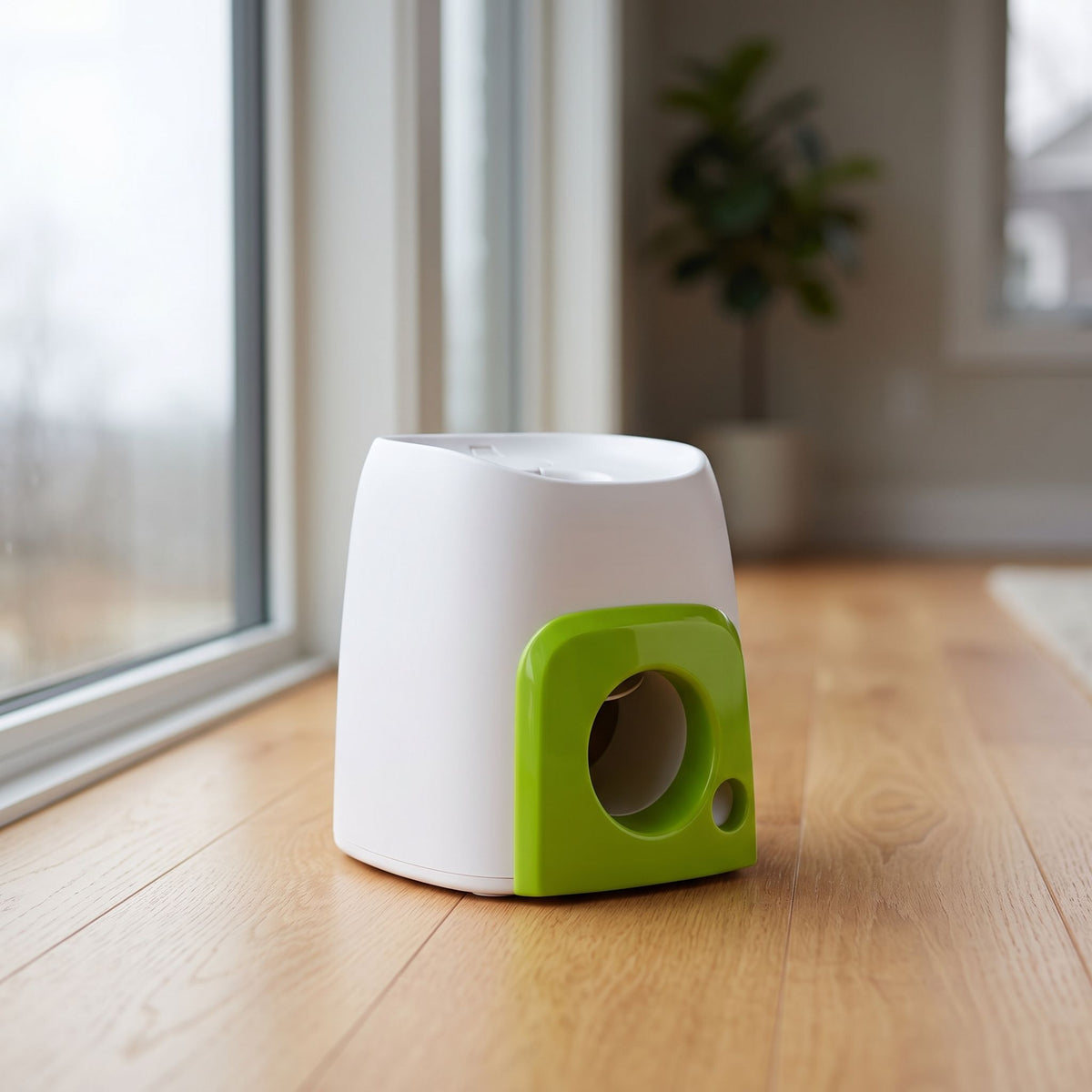 White and lime green baseball treat dispenser for dogs resting on a polished light oak hardwood floor.