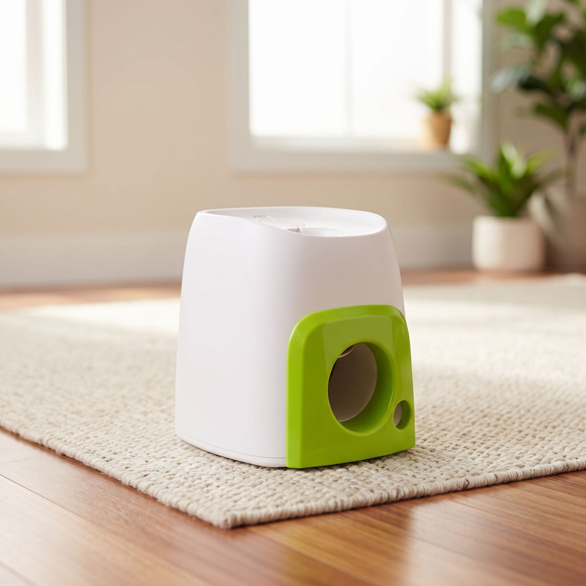 Interactive baseball treat dispenser placed on a woven rug in a bright, sunlit living space.