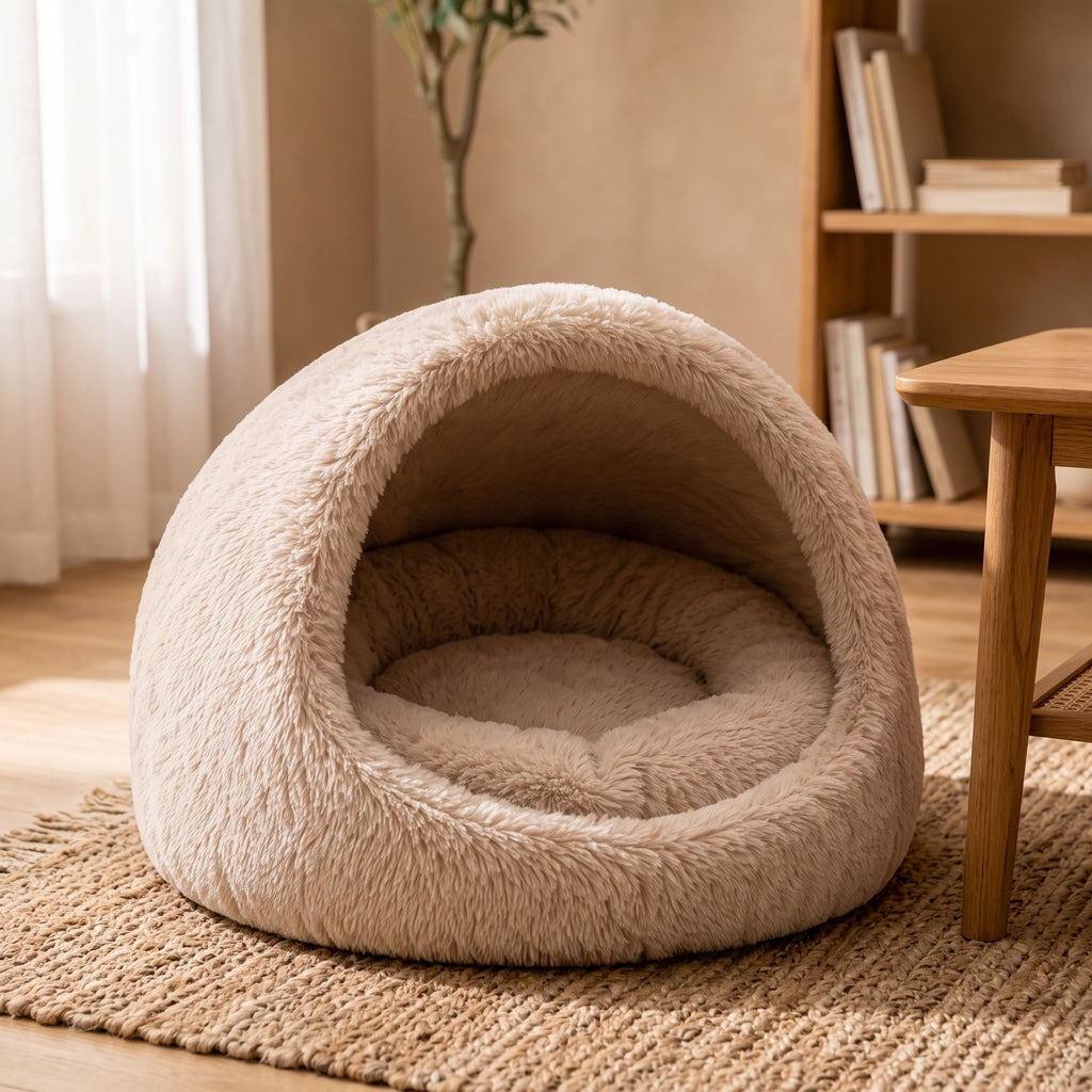 Semi-enclosed pet bed featuring a rounded structure placed on a woven textile rug.