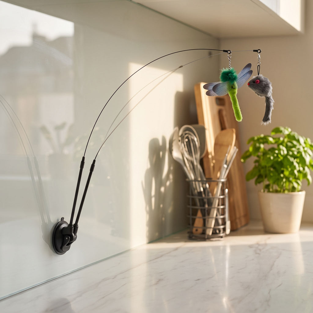 Small Cat Sucker Teaser Toy attached to a kitchen counter's glass backsplash with blurred utensils and plants in the background.