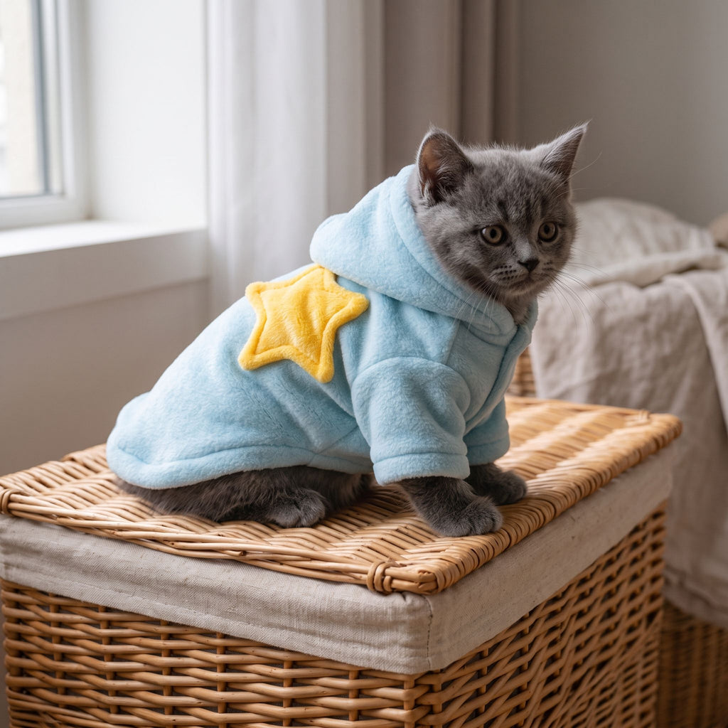 Fluffy kitten in pale blue pet nightgown with yellow star, perched on woven wicker laundry basket, illuminated by soft daylight.