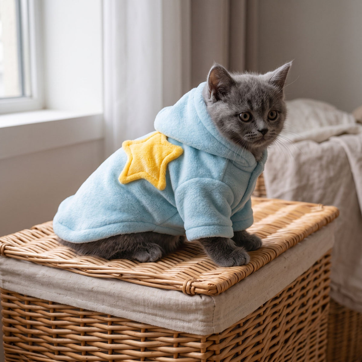 Fluffy kitten in pale blue pet nightgown with yellow star, perched on woven wicker laundry basket, illuminated by soft daylight.
