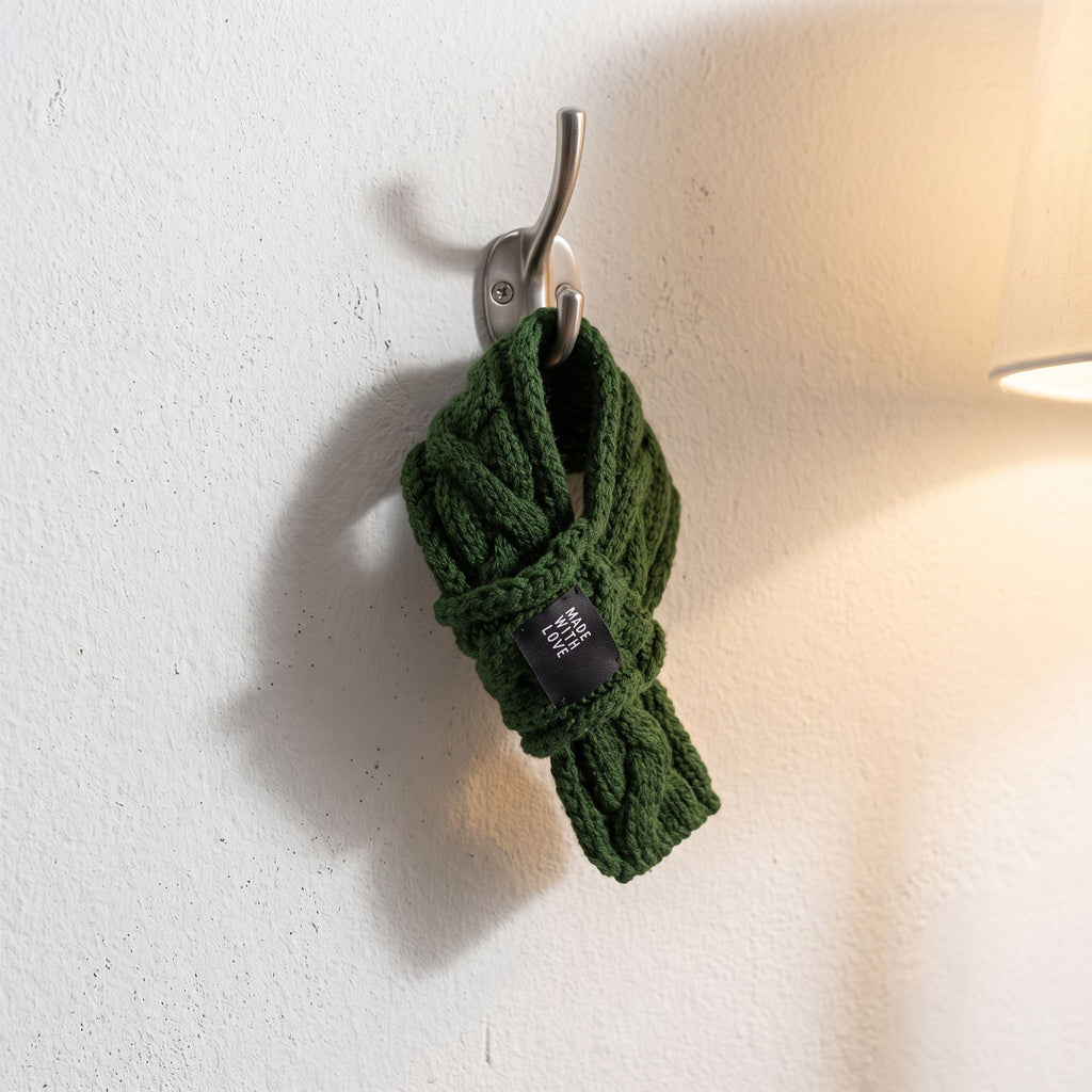 Knitted dog scarf hanging on a metal hook on white plaster wall, showing texture and craftsmanship.