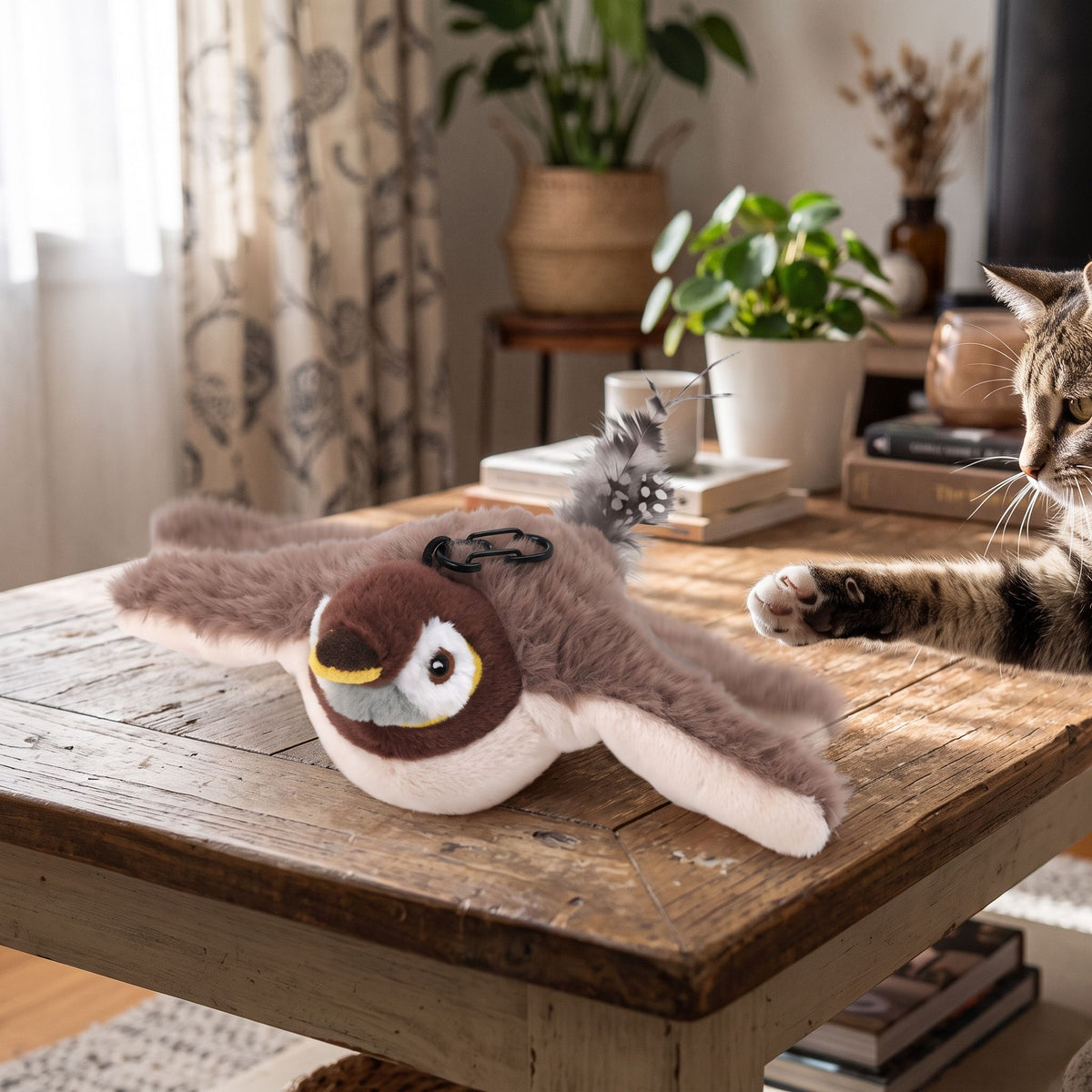 Cat playing with small flapping bird on coffee table, natural morning light and blurred home decor background.