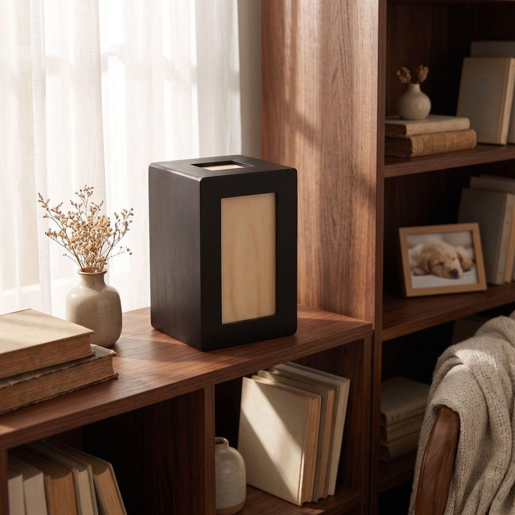 Urn on a bookshelf in a decorated living room corner, sunlight creating warm glow, demonstrating its elegant and subtle presence.