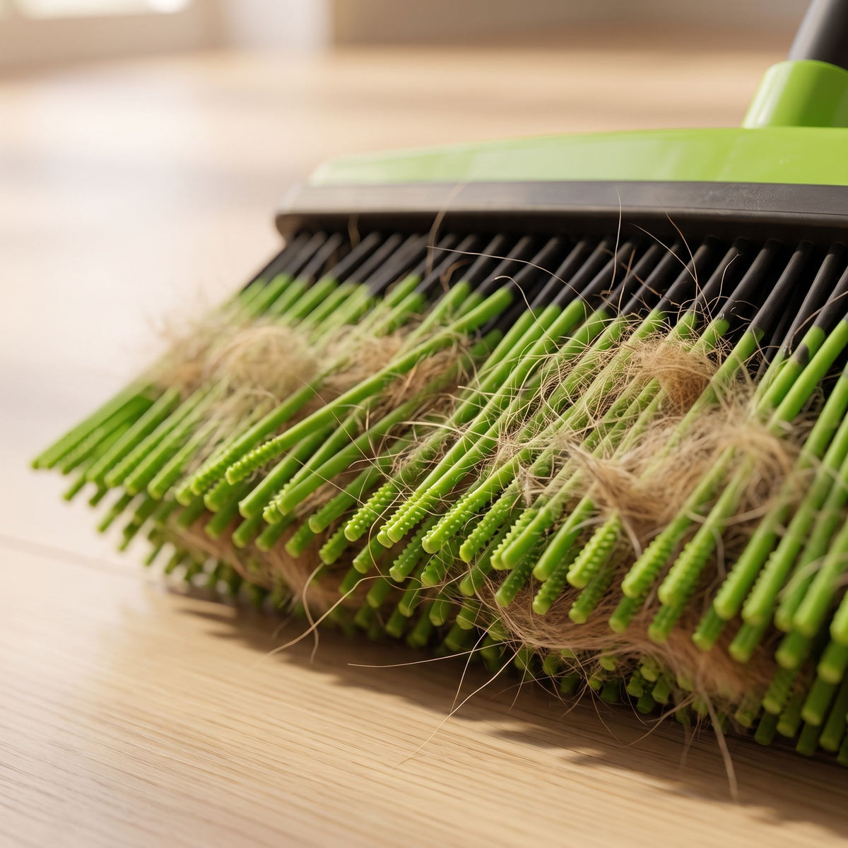 Macro close-up of pet hair removal broom mop’s rubber bristles densely covered with pet fur on a neutral background.