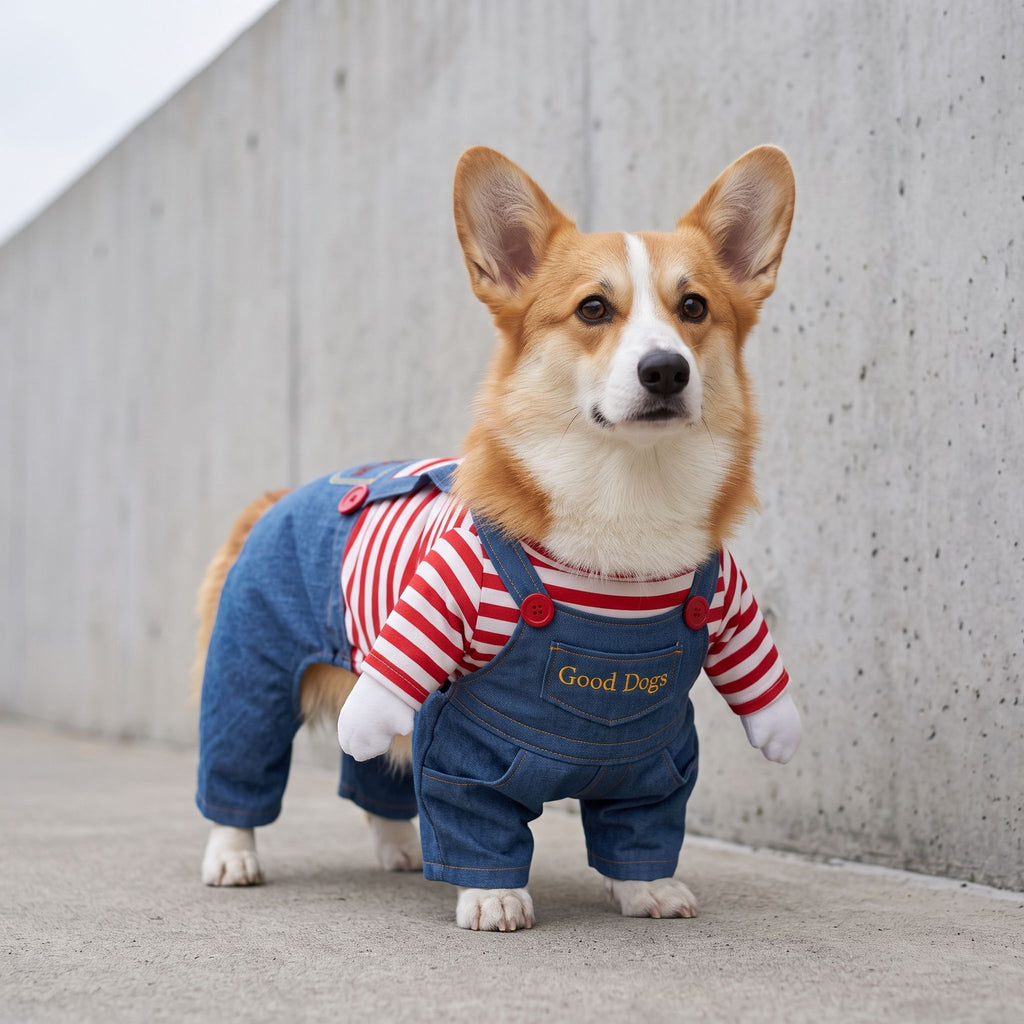 A medium dog wearing a denim overall costume with striped sleeves posing against a minimalist concrete wall.