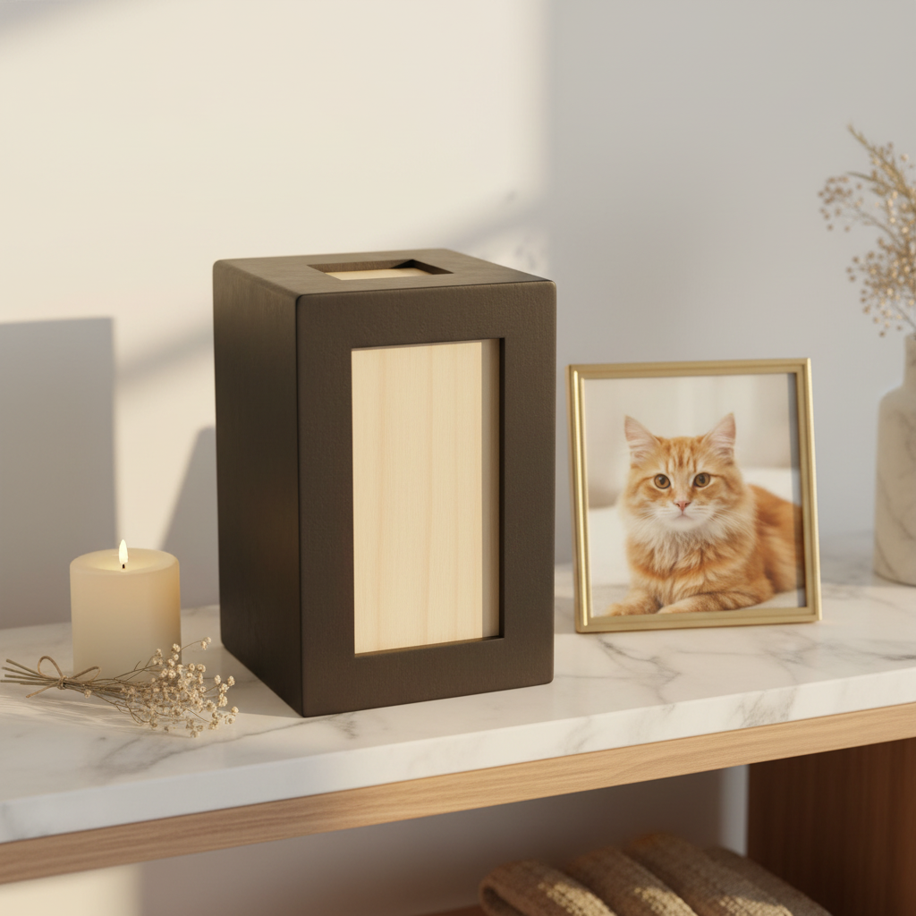 Memorial urn med kattfoto i ram
