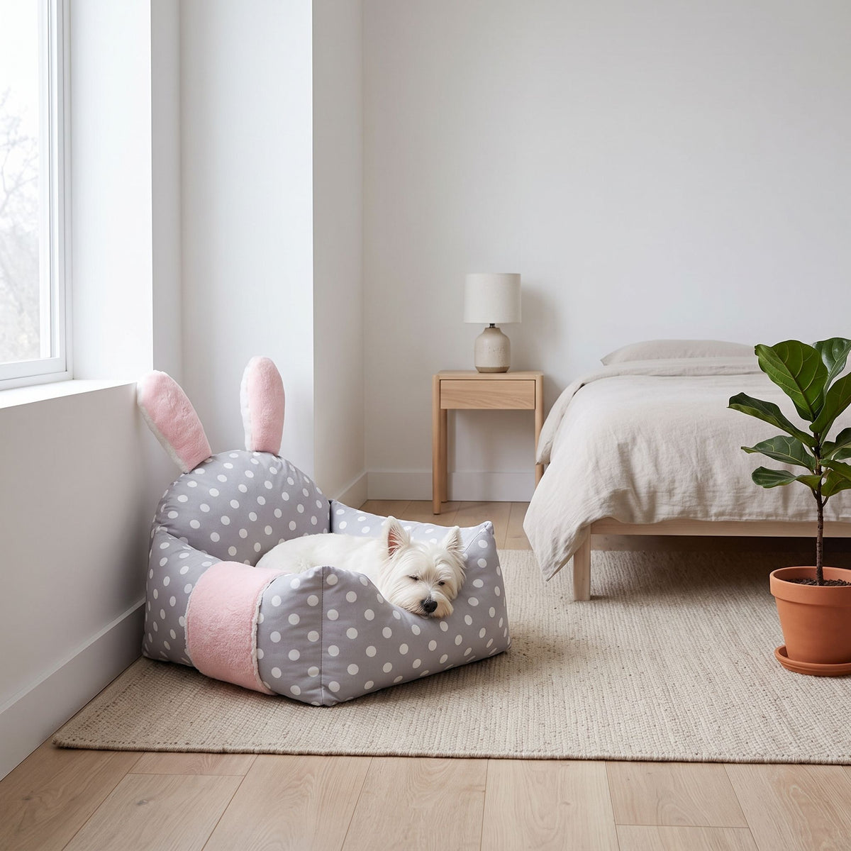 Wide shot of universal dog bed in corner of a minimalist bedroom on a neutral-toned rug near white wall, with soft daylight.